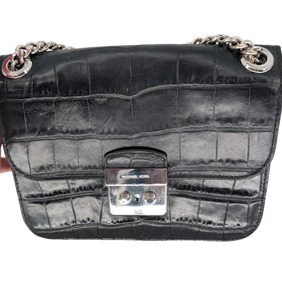 Michael Kors Sloan Editor Black Leather Crocodile Embossed Chain Strap Handbag - Picture 3 of 14